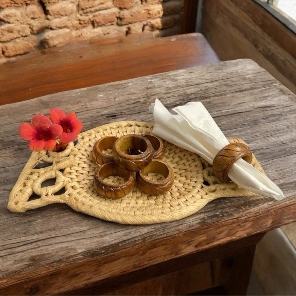 Vintage Hand Carved Teak Wood Napkin Rings Philippines Set of 6 Boho